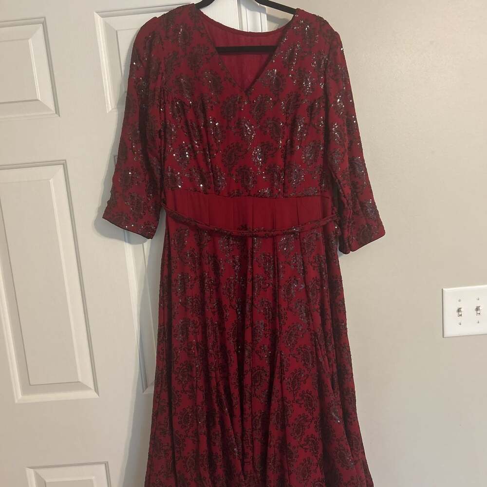 Made from Indian Sari. Dark Red Sequin Embellished Midi Dress with Waist Tie